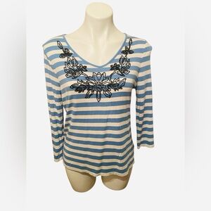 Charter Club Striped Light Blue and White Women's Floral Beaded Top Size Large
